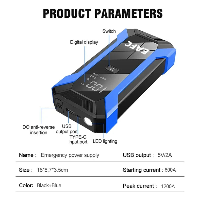 2000A/1200A Car Jump Starter Power Bank Starting Device Portable Car Battery Emergency Booster for 12V Vehicles Small Trucks