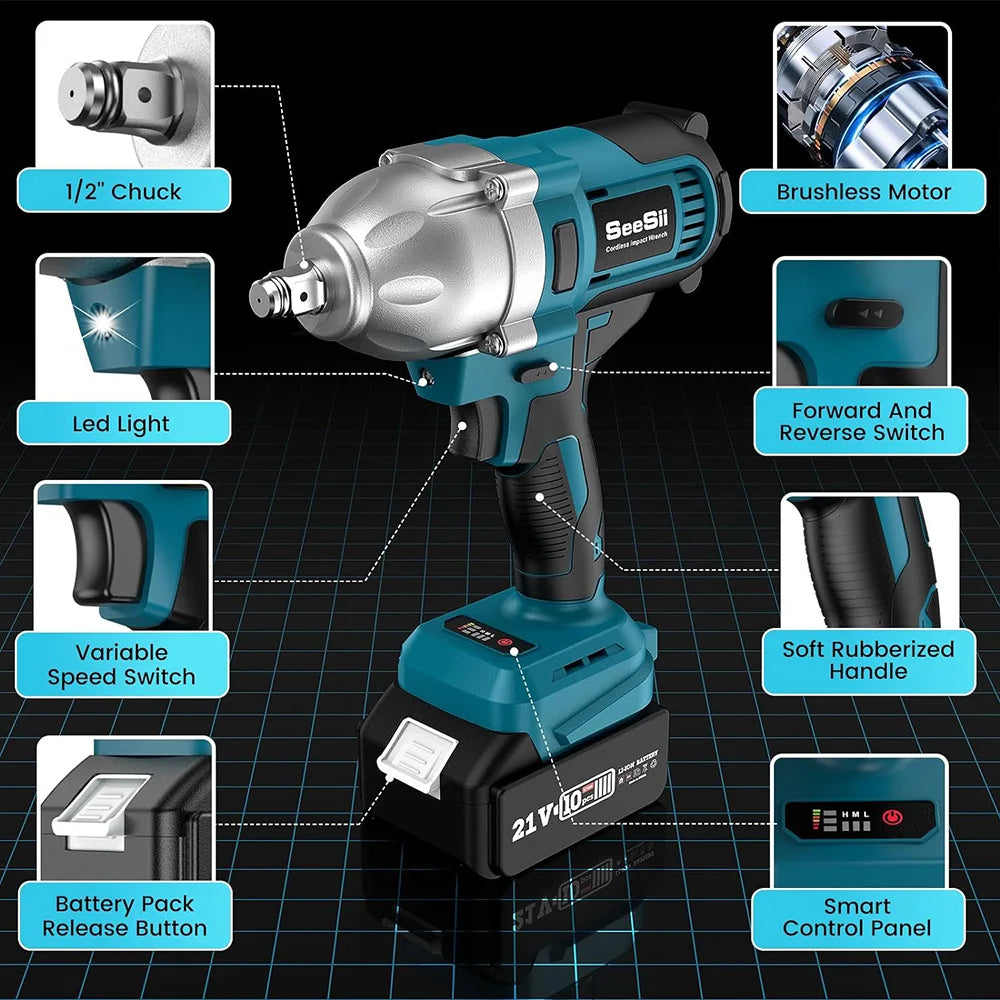 SEESII Cordless Impact Wrench 900N.m Power Impact Gun 1/2'' 3300RPM Brushless Electric Impact Driver for Home Car Truck Mower