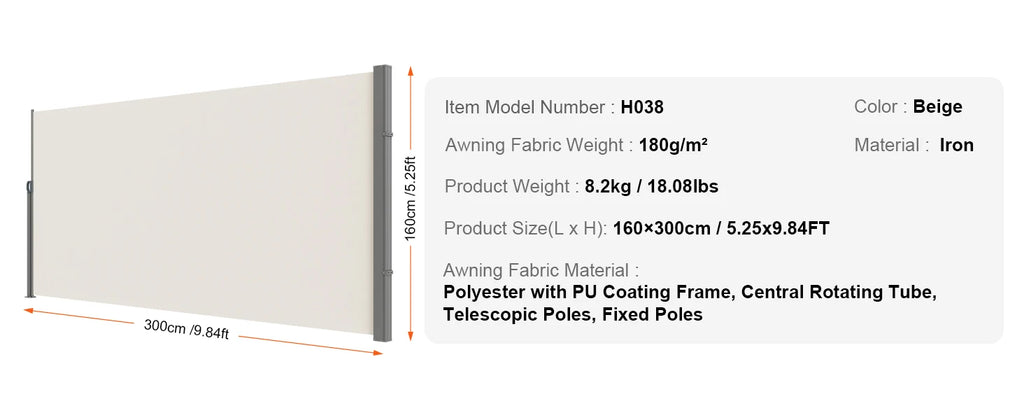 SucceBuy Retractable Side Awning Outdoor Privacy Polyester Water-proof Retractable Patio Screen UV 30+ Room Divider Wind Screen