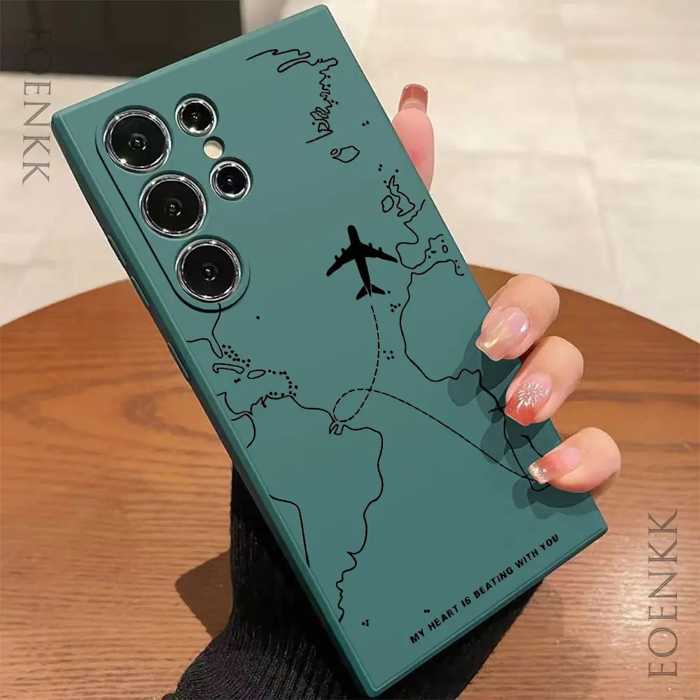 Silica gel Phone Case For Samsung Galaxy S25 S24 Ultra S23 S22 S21 S20 Ultra FE Plus Note 10 20 Lite Airplane Route Desian Cover