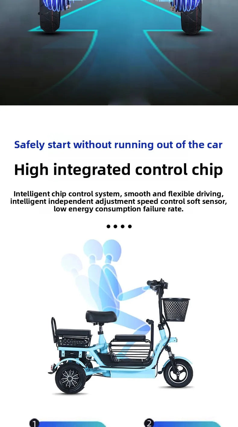 800W48V 70km folding electric tricycle small leisure vehicle for adults to ride three people portable battery car for home use