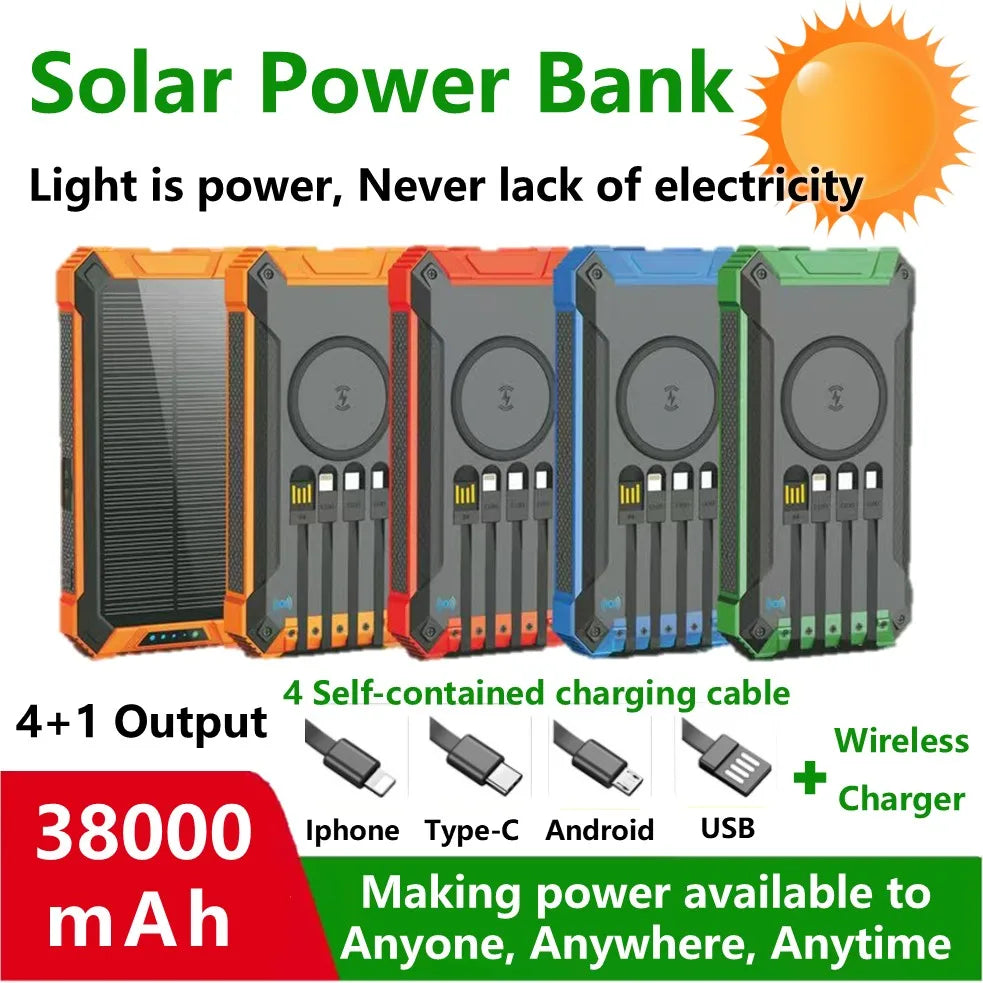 Long-lasting Solar Power Bank, Portable Solar External Battery Pack Built-in Cables, Portable Wireless Charger with Solar Panel