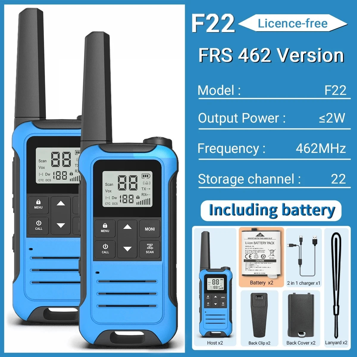 2pcs Baofeng F22 Mini Walkie Talkie PMR FRS Long Range Rechargable Portable Kids Two Way Radio Type-C Charger for Camping Trip