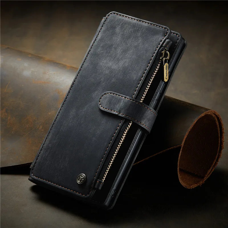 Flip Leather Phone Case For Samsung Galaxy S25 Edge S24 Ultra S23 FE S22 S21 S20 Plus Note 20 A16 A56 Zipper Wallet Card Cover