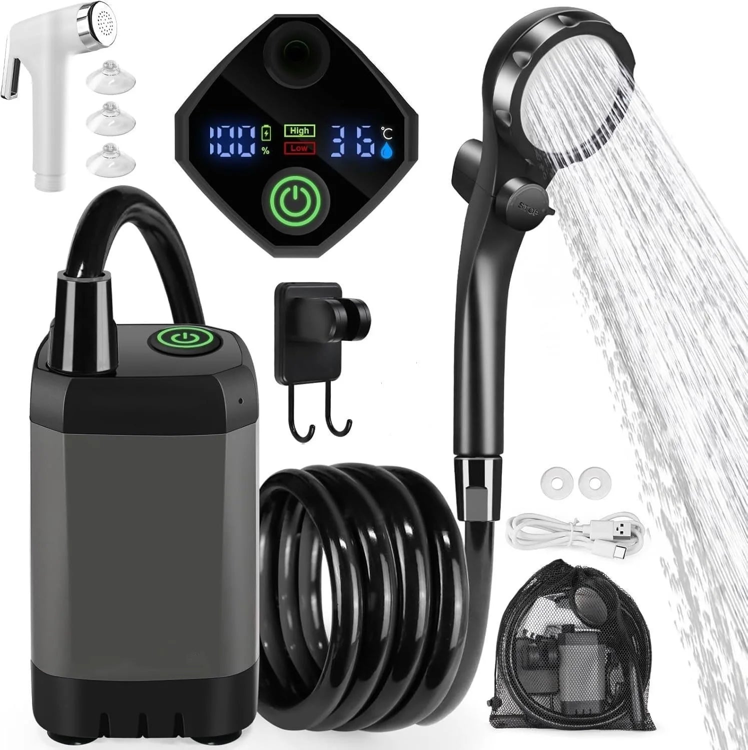 Portable Camping Shower Set Rechargeable Pump 6000mAh Outdoor Shower Kit with 20L Foldable Bag for Travel RV Garden Hiking