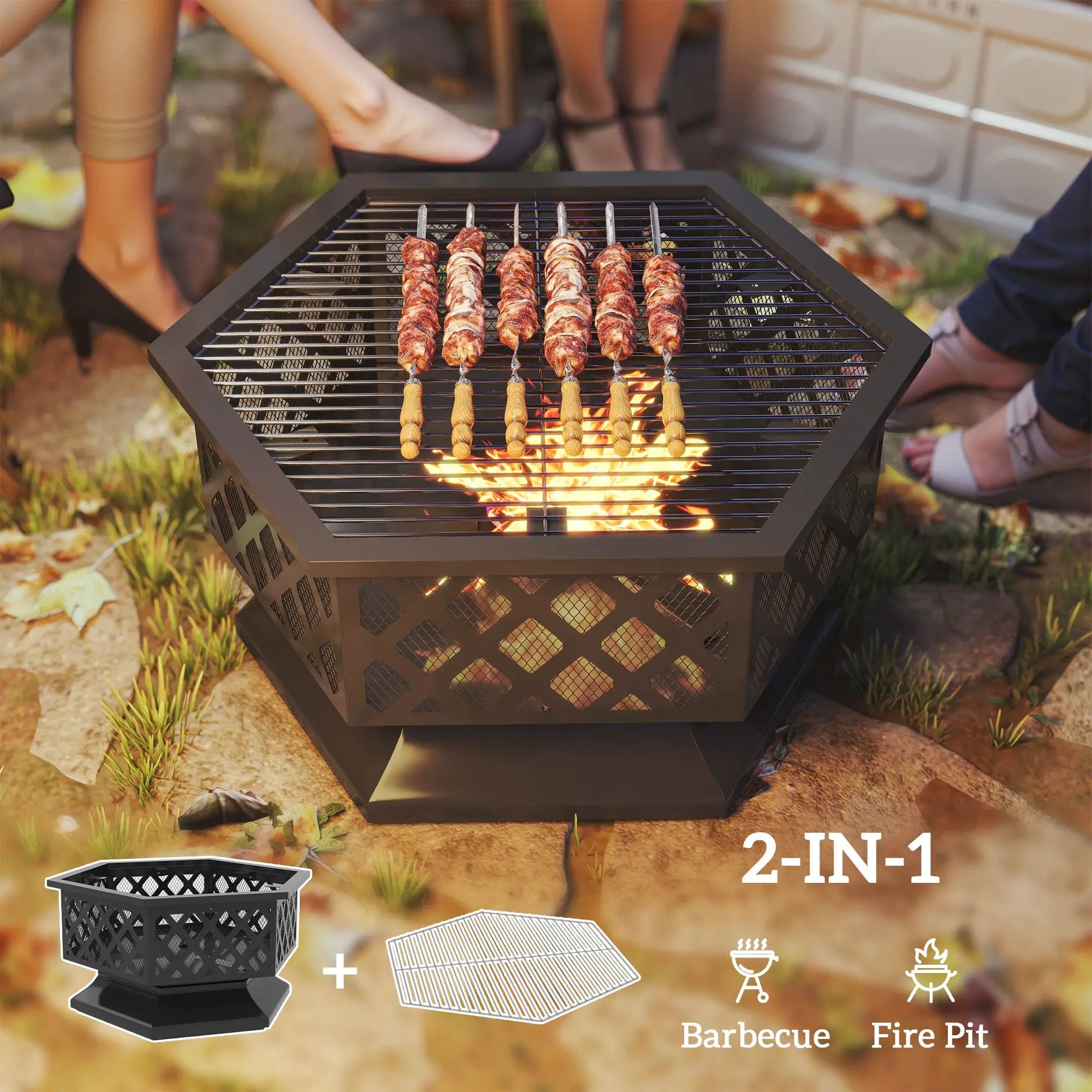 28" Outdoor Fire Pit with Grill Hexagon Fireplace Wood Burning Firepit with Cooking Grate, Fire Poker, Spark Screen Lid