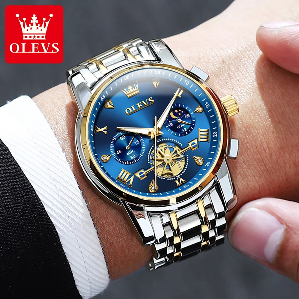 OLEVS 2856 Quartz Watch for Men Flywheel Skeleton Chronograph Moon Phase
