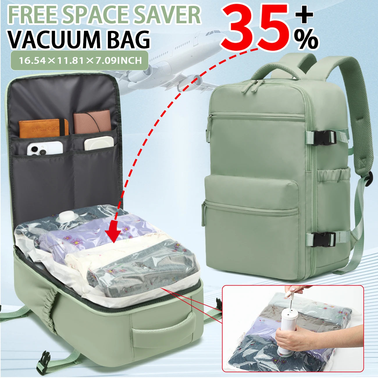 Vacuum Storage Travel Backpack, Airline Carry-On Bag, Business Laptop Backpack & Tote Bag for Men and Women