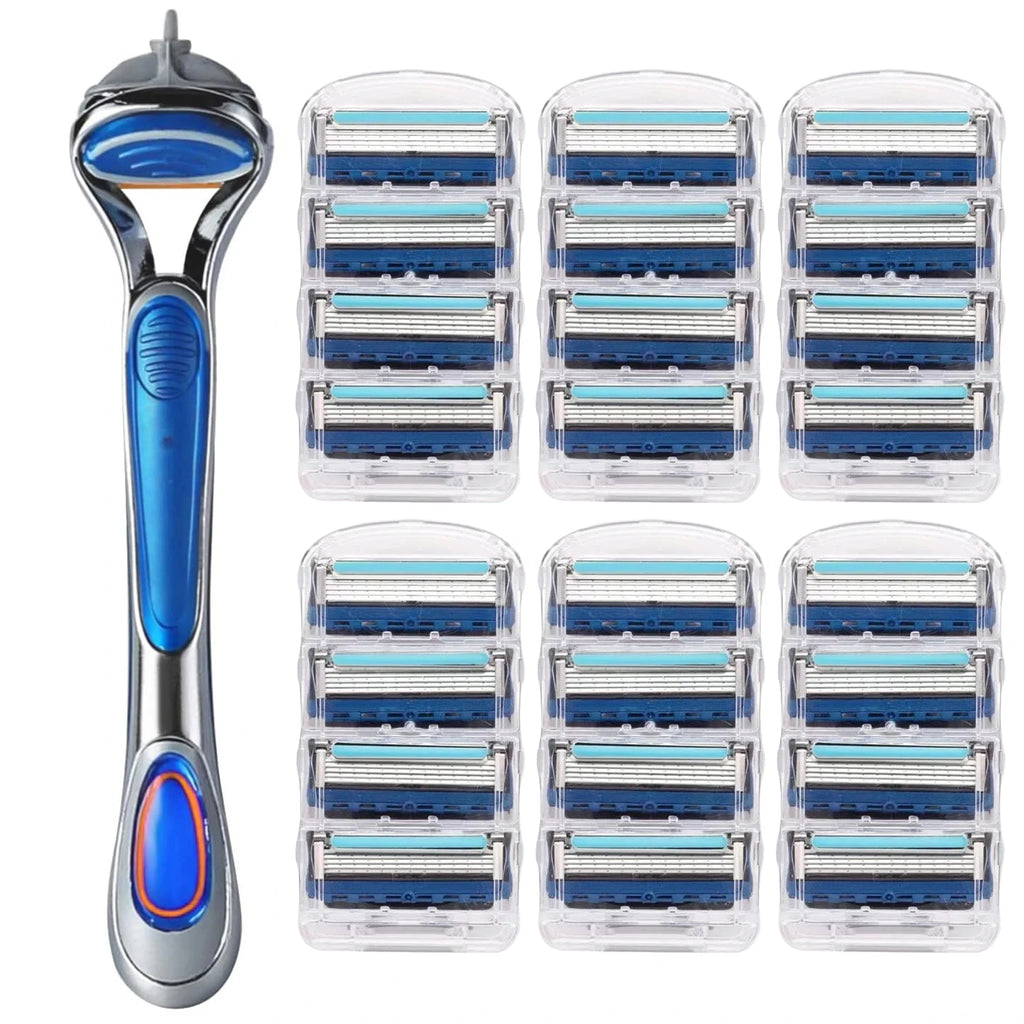 Men's manual safety razor, equipped with precision 5-layer stainless steel blades and ergonomic metal handle, 4-20 replacements
