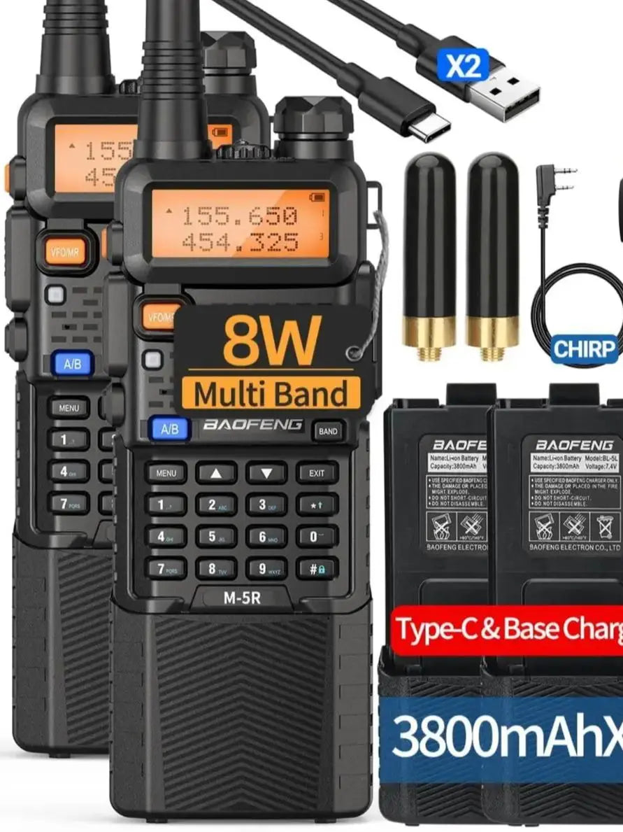 2X BAOFENG M-5R 8W Walkie Talkie 3800mAh Battery Multi Band AM Type-C USB Copy Upgraded UV-5R UV5R Long Range Two Way Ham Radio