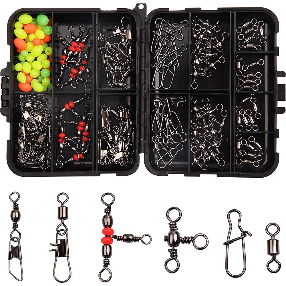 140pcs/box Fishing Swivel Snaps Kit - Ball Bearing Swivels, Triple Swivel Connectors, and Barrel Snap Clips