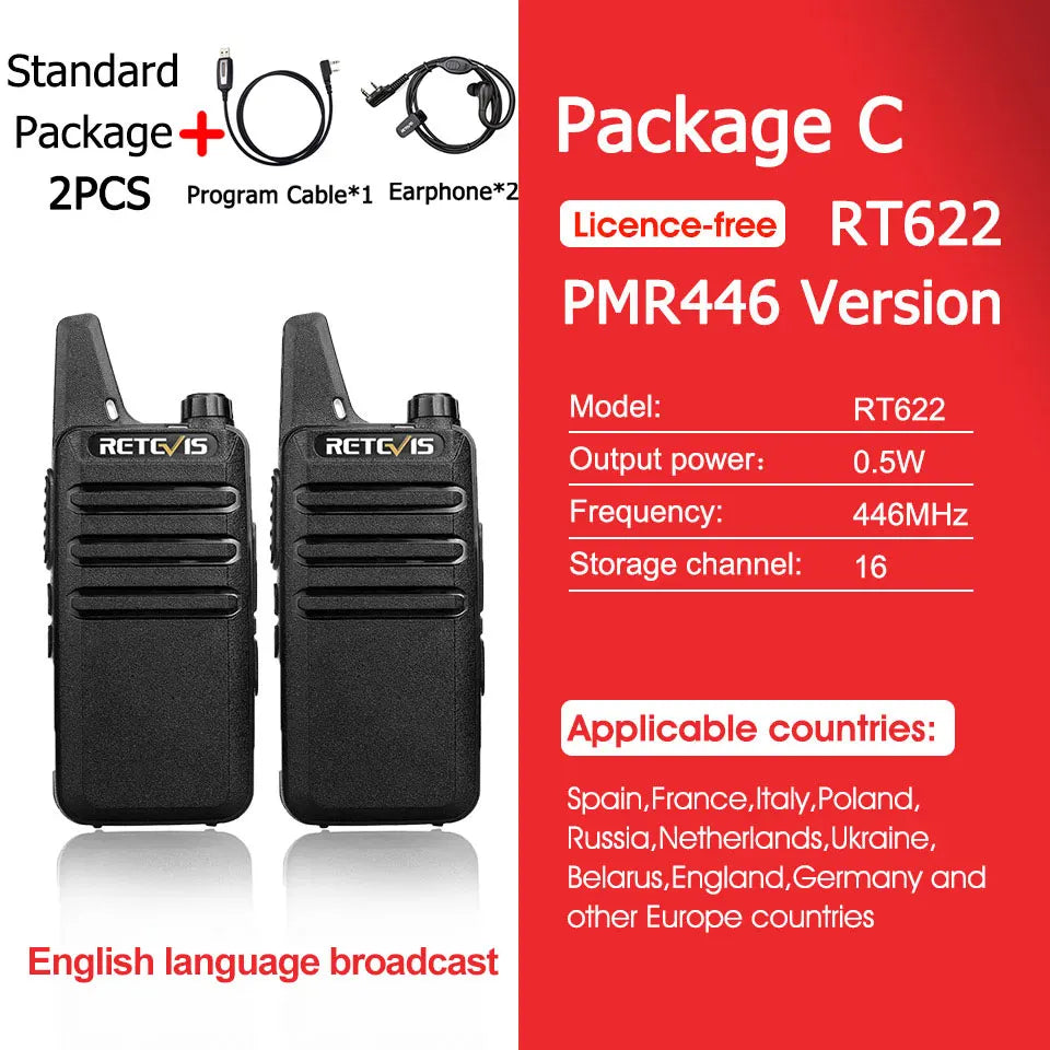 RETEVIS RT622 Walkie Talkie Mini 2 pcs PMR 446 Portable Two-way Radio ht PTT Walkie-talkies Communication Radio for Restaurant