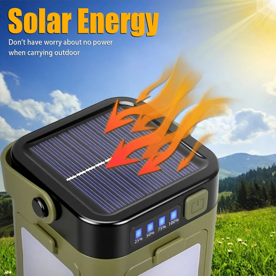 Solar Camping Light，USB/Solar Recharge Portable Lamp with 2000mAh Battery 6 Lighting Modes Outdoor Portable Hanging Tent Light