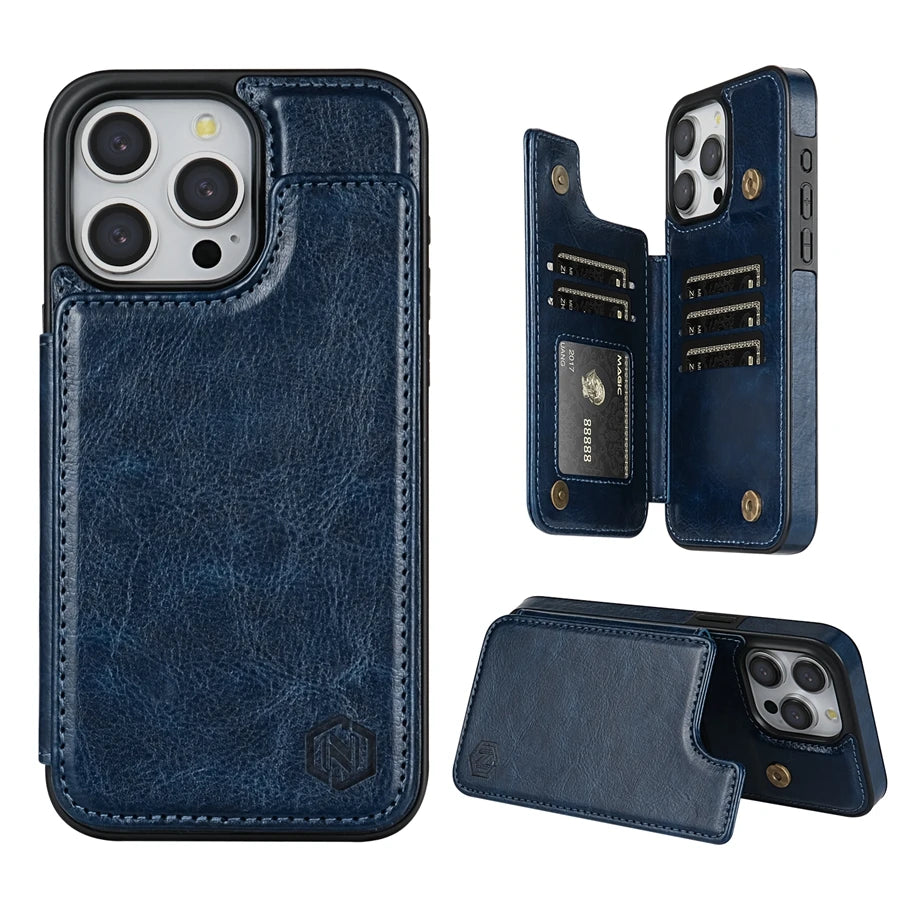 Wallet Solid Color Magnetic Double Buckle RFID Blocking Card Leather Case For iPhone 15 Pro Max 14 Plus 13 12 11 XR XS SE 2 8 7