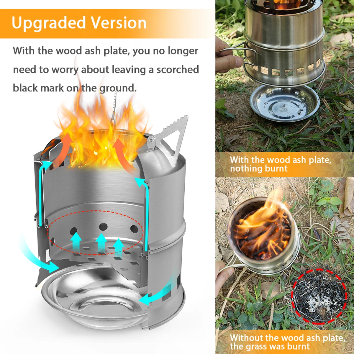 Upgrade Camping Stove & Backpacking Stove with Wood Ash Plate & Foldable Handle , Portable Folding Windproof Wood Burning Stove