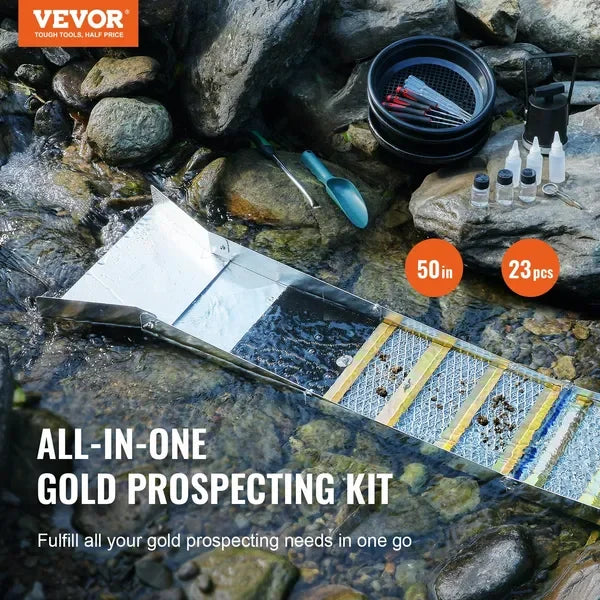 VEVOR 50 Inch Folding Sluice Box Gold Panning Kit, 23pc Gold Prospecting Equipment Kit with Gold Pan, Classifier Screen, Separat