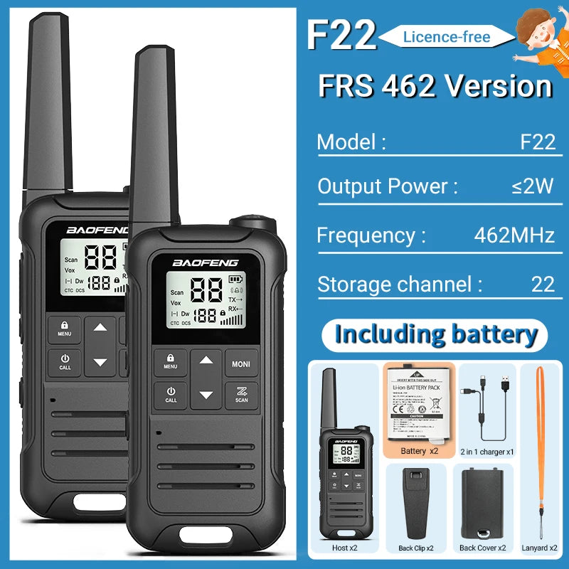2pcs Baofeng F22 Kids Walkie Talkie Rechargeable Type-C Ham Radio Electronic Toys Birthday Gift Children