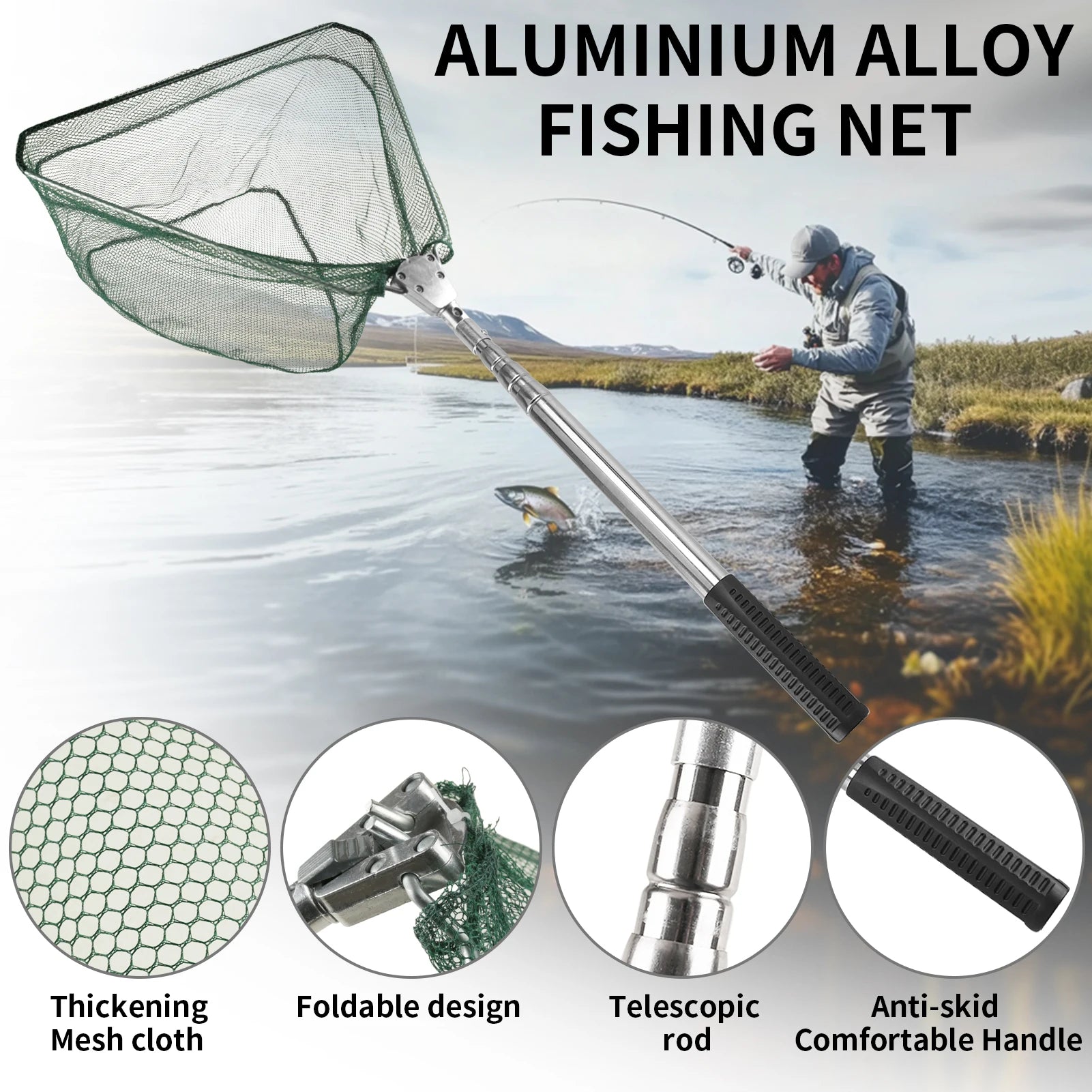 Fishing Landing Net Aluminum Alloy Durable Telescoping Extend to 190cm/130cm/55cm Folding Mesh Safe Fish Catching Releasing