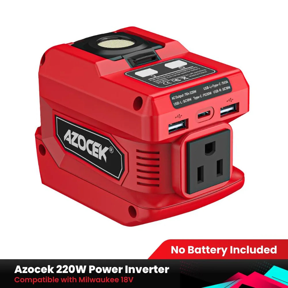 Azocek 200W Portable Power Inverter for Milwaukee 18V Battery, DC 18V to AC 110V, with 4 Output & 300LM Light, Inverter for Car