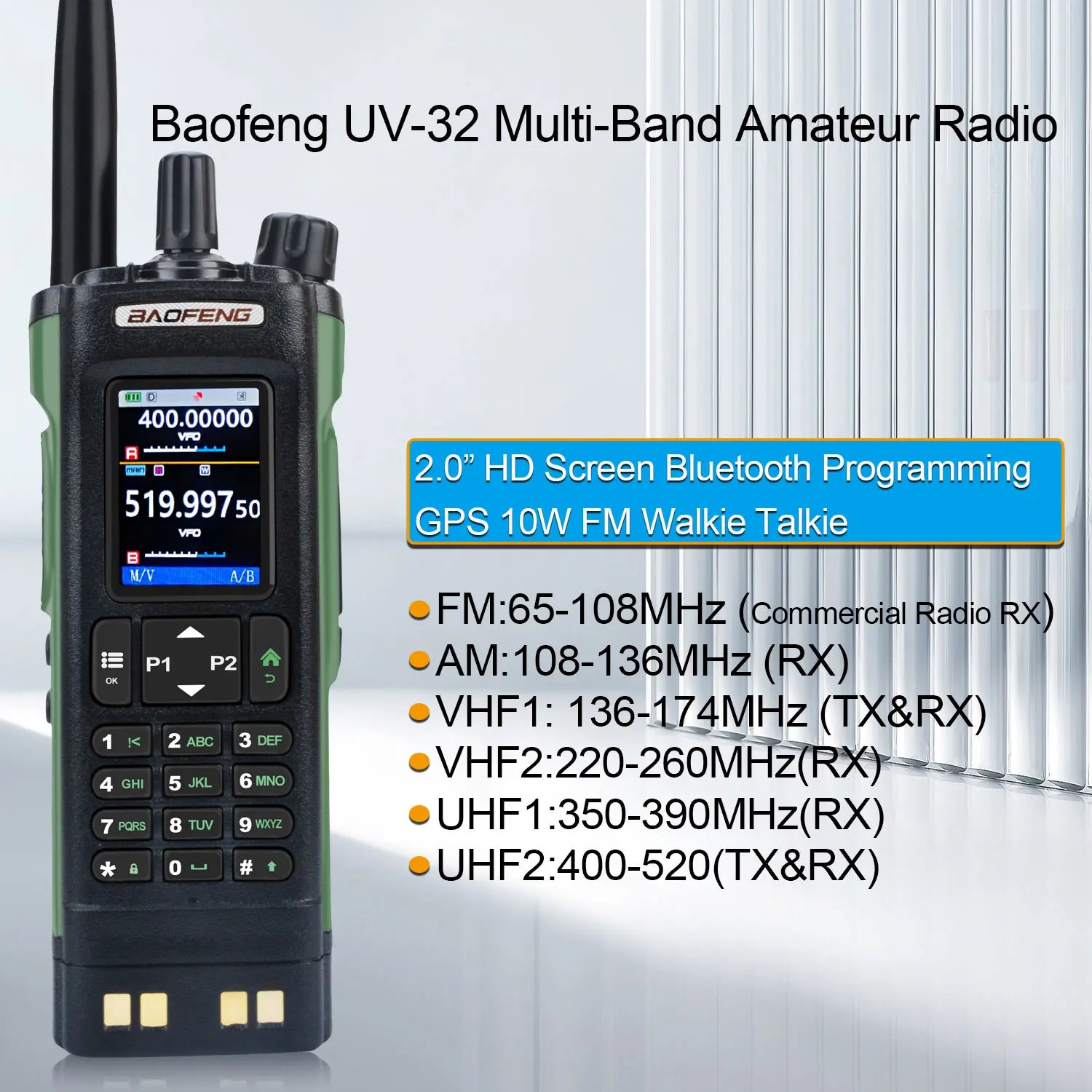 Walkie Talkie Baofeng UV-32 Air Band 10W GPS Amateur FM Two Way Radio with 2.0" HD Screen and 2200mah USB-C Charging Battery