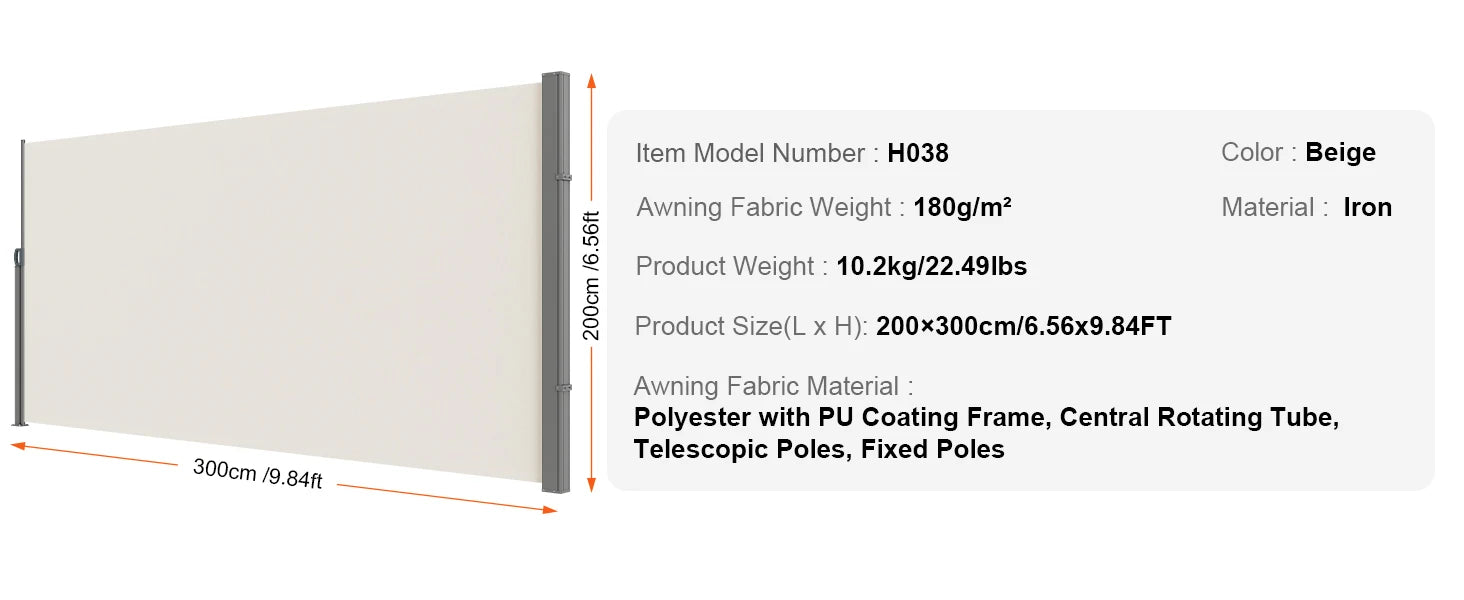 SucceBuy Retractable Side Awning Outdoor Privacy Polyester Water-proof Retractable Patio Screen UV 30+ Room Divider Wind Screen