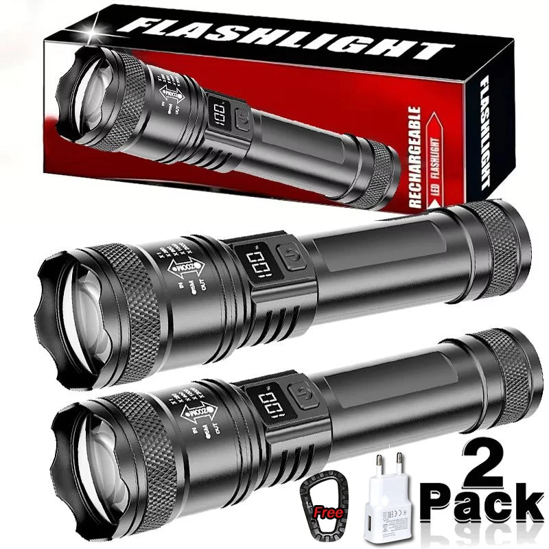 Super Powerful LED Flashlight Battery Display USB Rechargeable Light Telescopic Zoom Torch Lamp Outdoor Camping Fishing Lantern