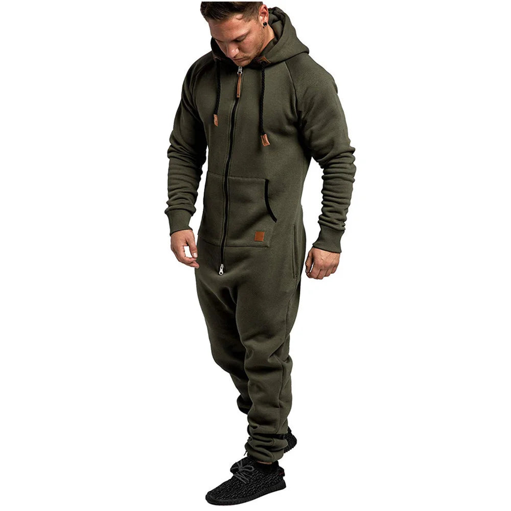 Mens Onesie Jumpsuit Pajamas Long Sleeve Sweatpants Pure Color Splicing Autumn Winter Casual Hoodie Male Zipper Jumpsuit