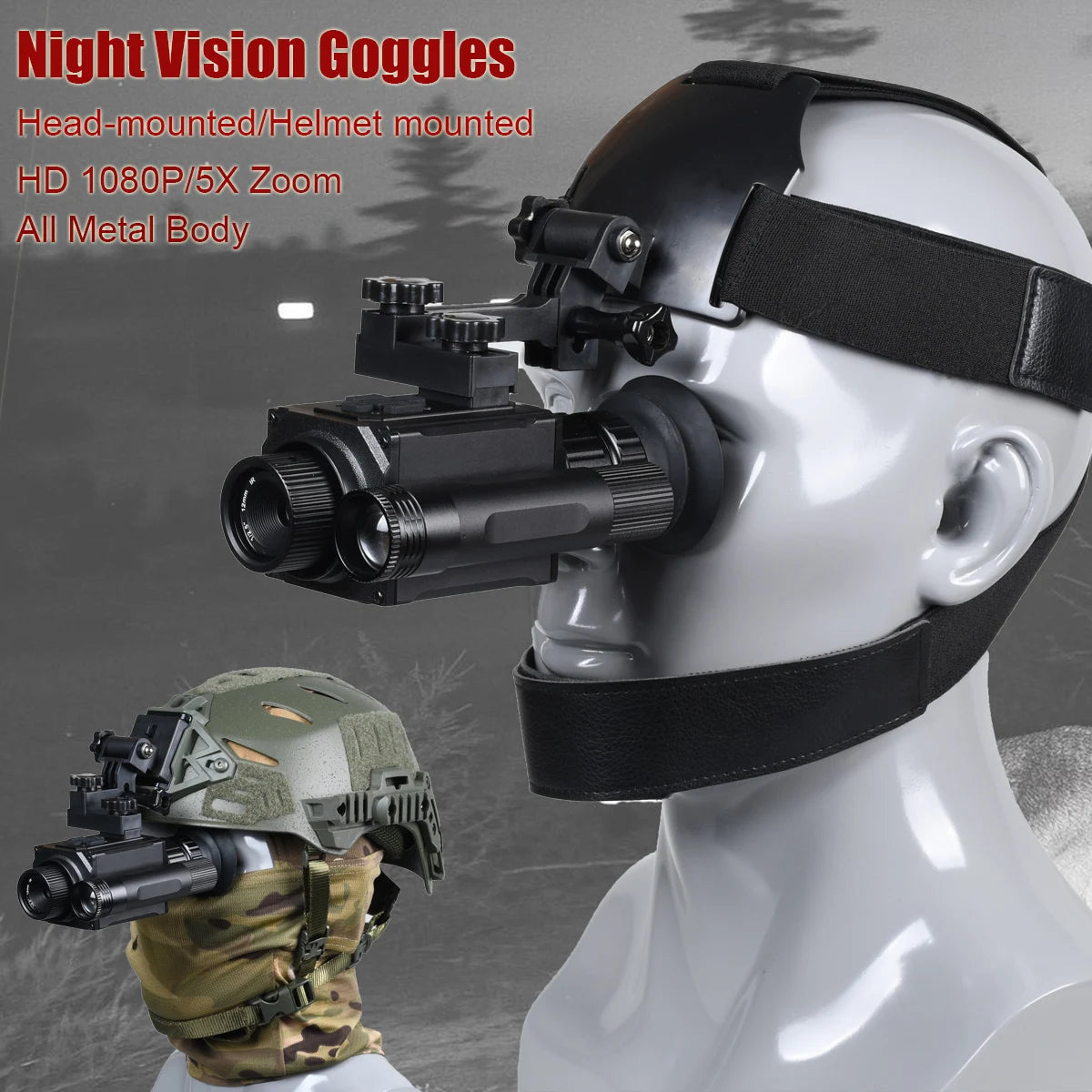 HD 1080P Night Vision Goggles with Head-Mounted and Helmet-Mounted 940nm IR 5X Zoom Night Vision Monocular for Hunting Camping