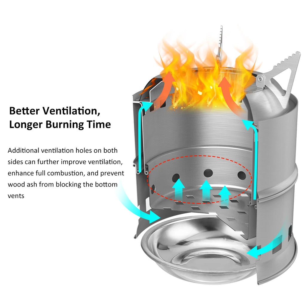 Upgrade Camping Stove & Backpacking Stove with Wood Ash Plate & Foldable Handle , Portable Folding Windproof Wood Burning Stove