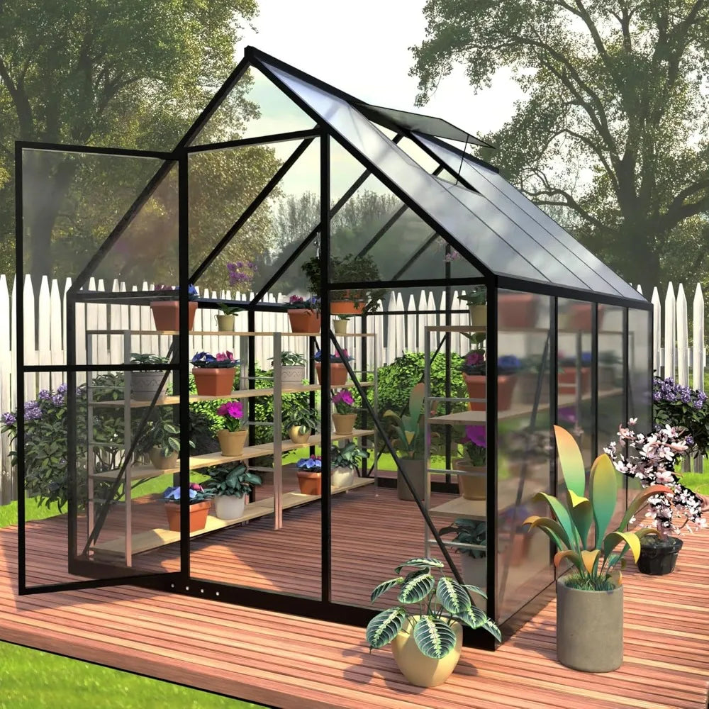 6 x 8 FT Polycarbonate Greenhouse, Winter Greenhouses for Outdoors,Outdoor Greenhouse with Roof Air Vent, Heavy Duty Walk-in Alu