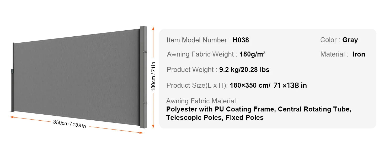 SucceBuy Retractable Side Awning Outdoor Privacy Polyester Water-proof Retractable Patio Screen UV 30+ Room Divider Wind Screen