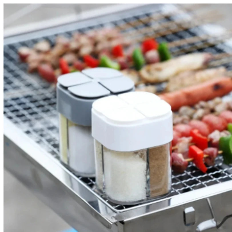 4 in 1 camping seasoning jar with lid transparent spice dispenser 4 compartment outdoor cooking barbecue salt and pepper shaker