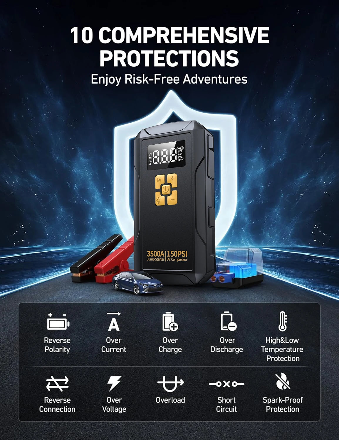 Jump Starter with Air Compressor 3500A Jump Starter 150PSI Air Pump Multifunctional Tire Inflator Power Bank Lighting for Car