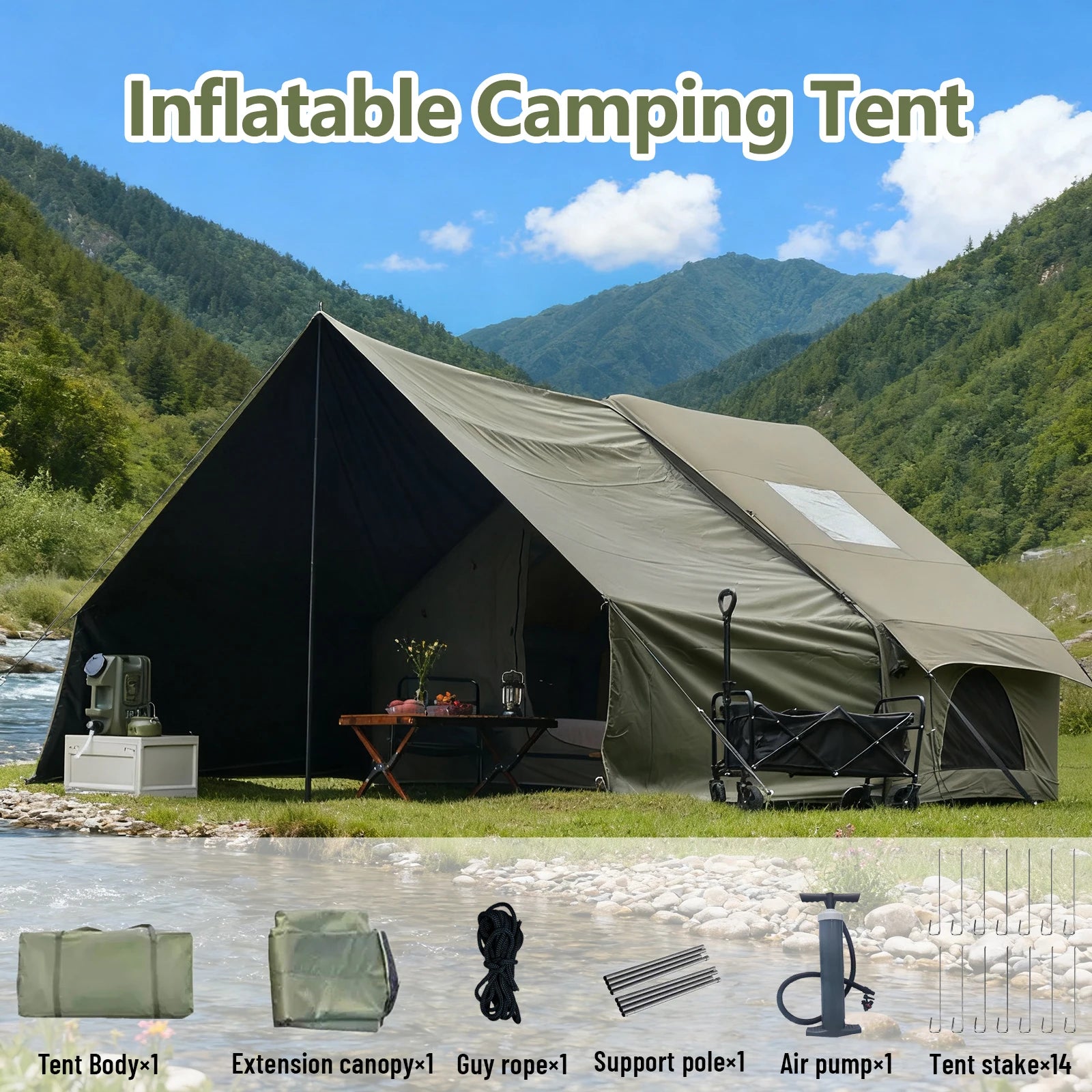 PAKICETUS 8-Person Inflatable Glamping Tent, Green Tent with Mesh Windows & Hand Pump with Extra-Large Canopy Living Room
