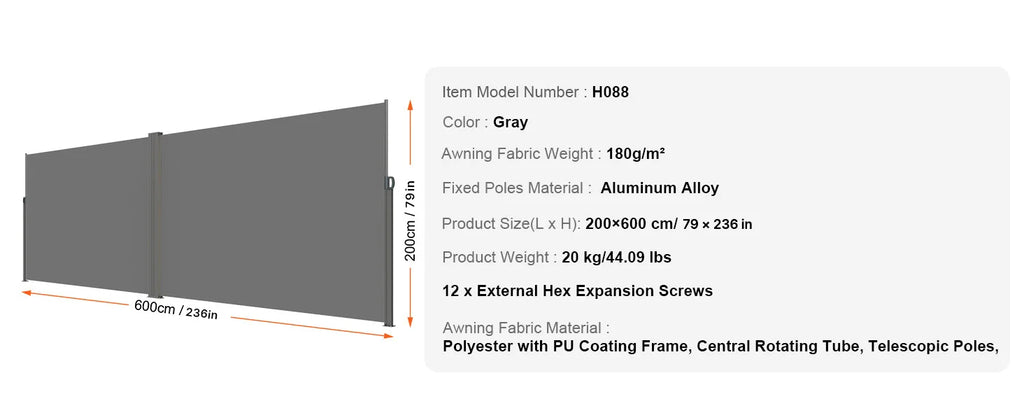 SucceBuy Retractable Side Awning Outdoor Privacy Polyester Water-proof Retractable Patio Screen UV 30+ Room Divider Wind Screen