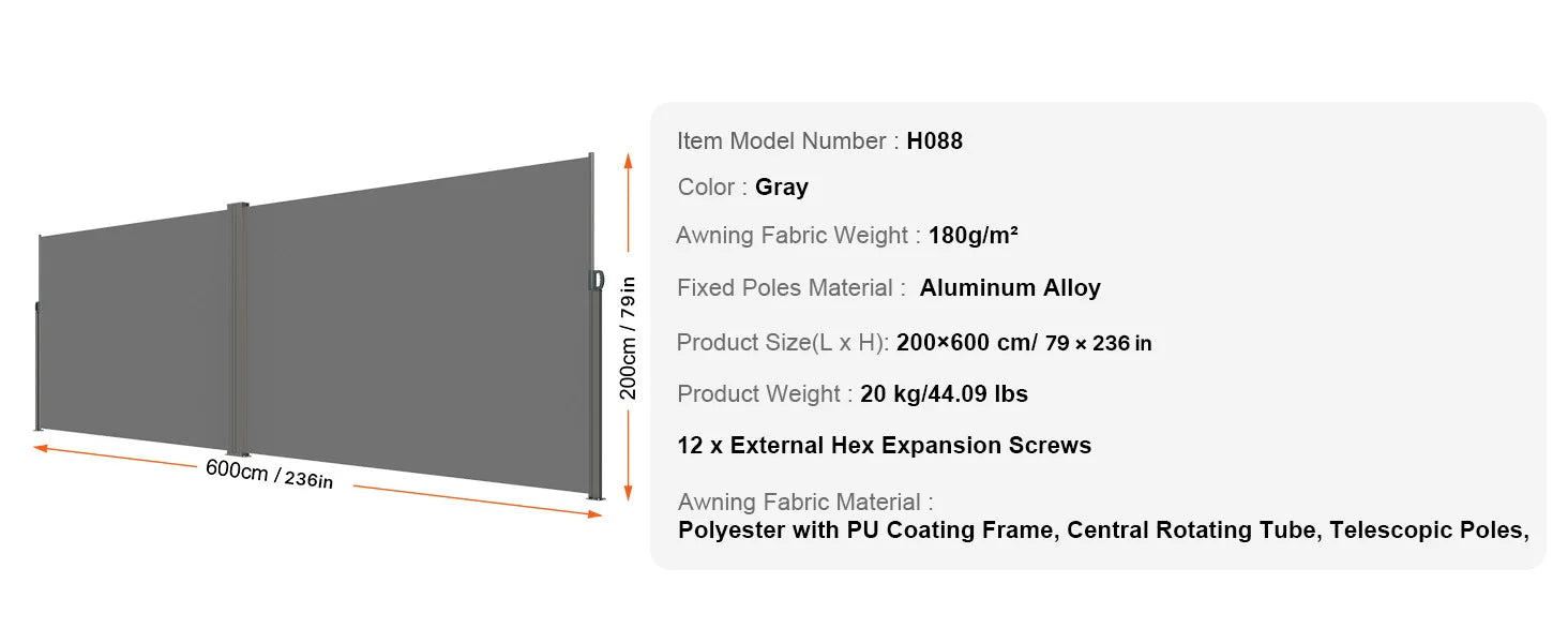 SucceBuy Retractable Side Awning Outdoor Privacy Polyester Water-proof Retractable Patio Screen UV 30+ Room Divider Wind Screen