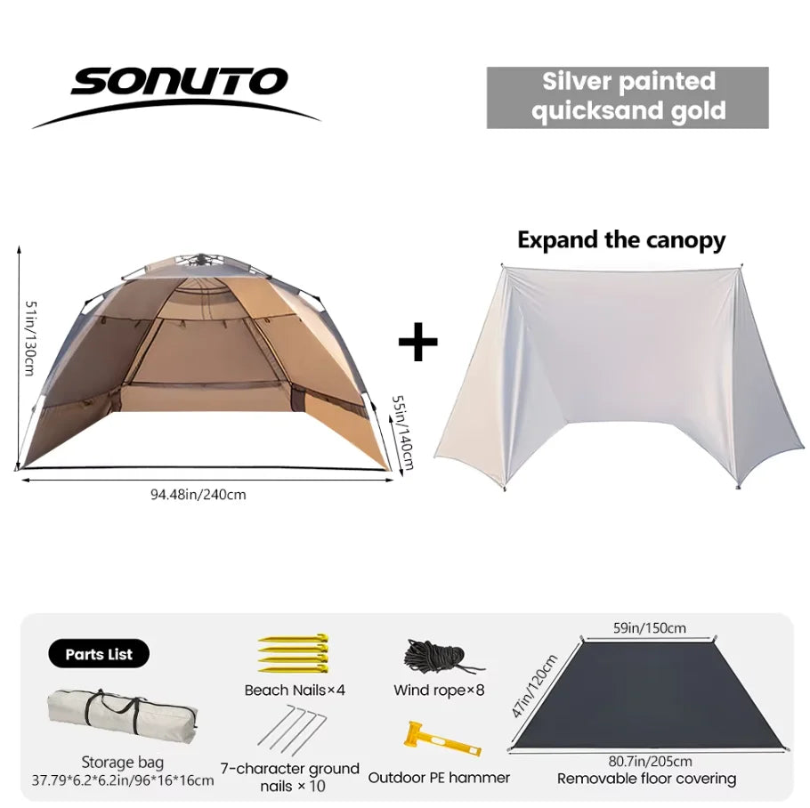 Sonuto Outdoor 3-4P One-Touch Camping Tent Quick Automatic Opening Beach Fishing Tent Family Travel Picnic Park Anti-UV Shade