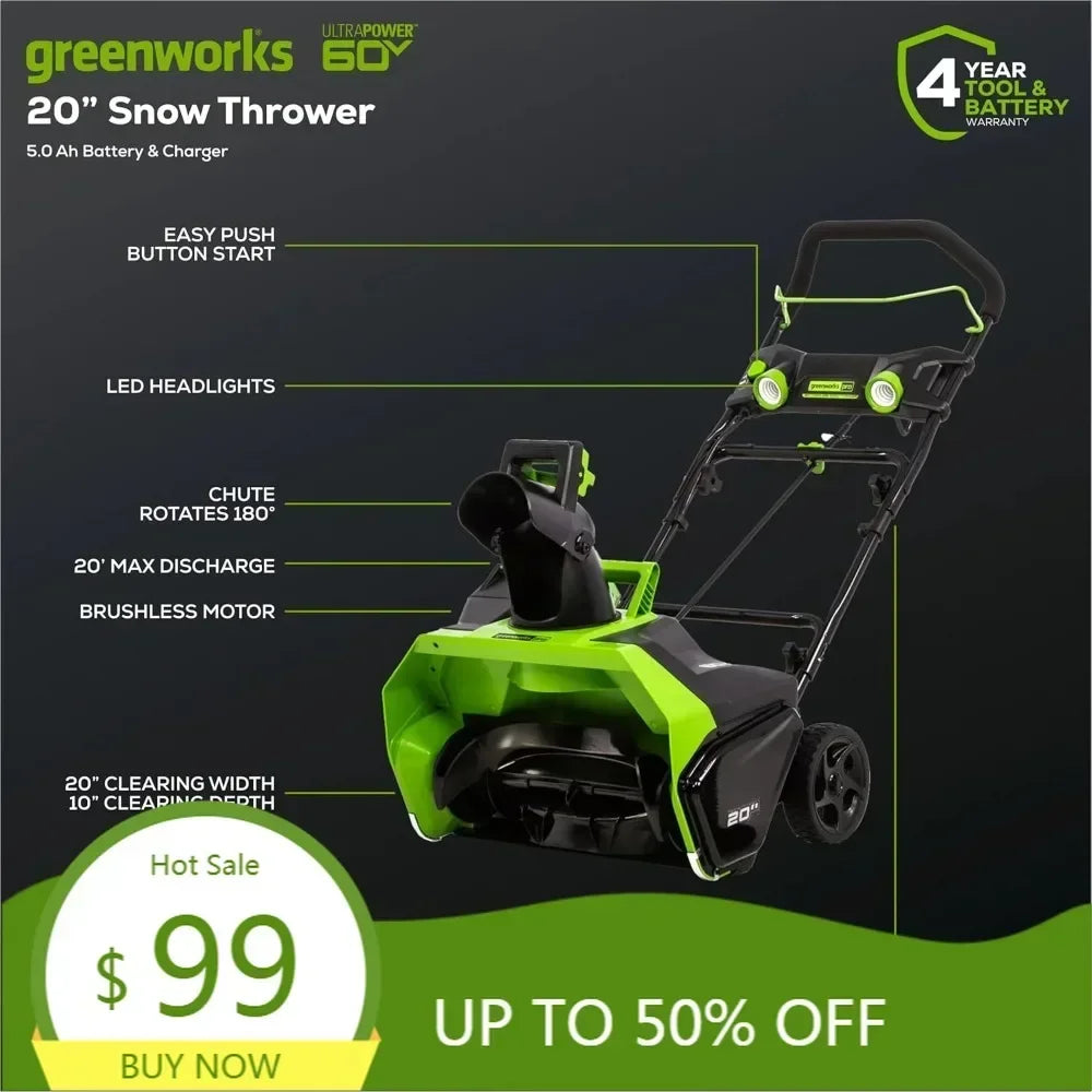 "60v 20-inch cordless snow blower with 5.0ah battery and charger"