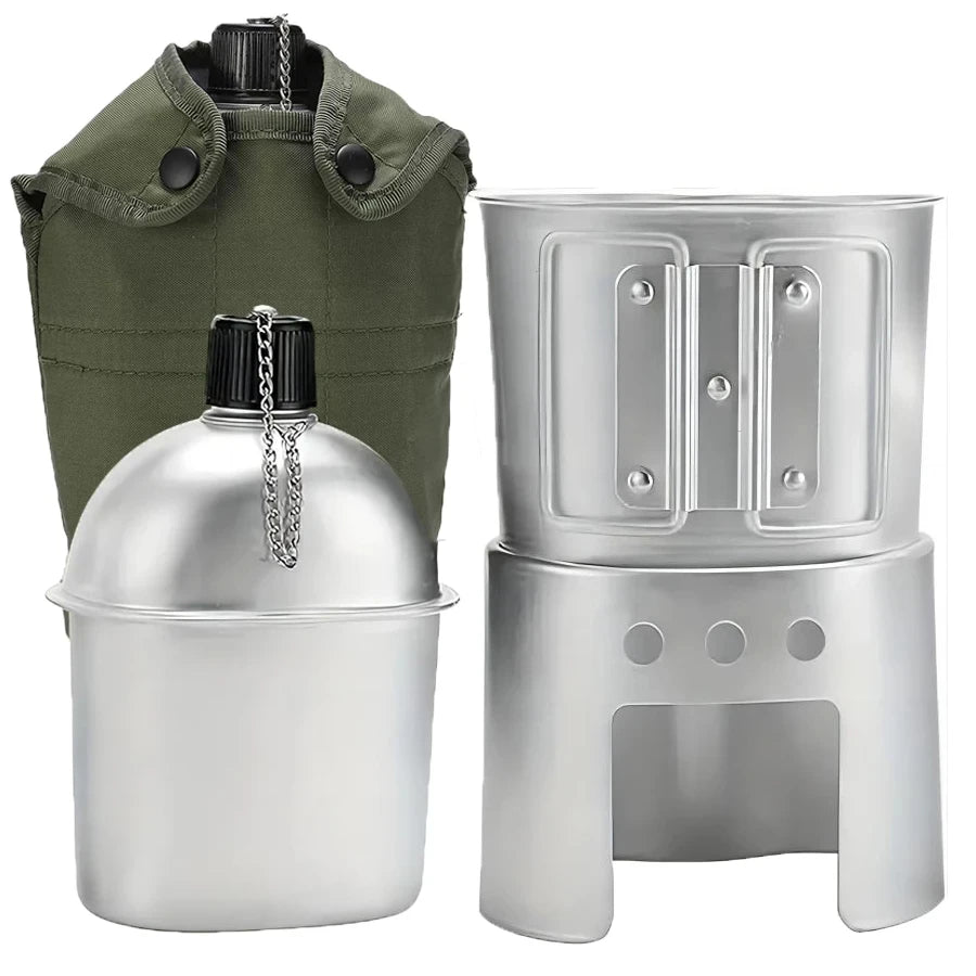 Outdoor Military Canteen Cookware Set Aluminum Alloy Canteen Multi-Functional Water Bottle with Grab Handled Cup Green Canvas