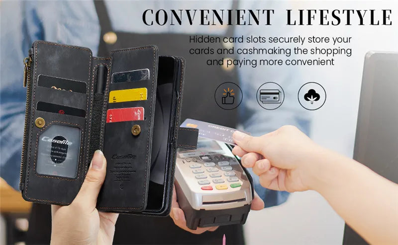 Luxury Lanyard Leather Zipper Wallet Card Phone Case For Samsung Galaxy Z Fold 7 6 5 4 Fold6 Fold5 Fold4 Purse Flip Stand Cover