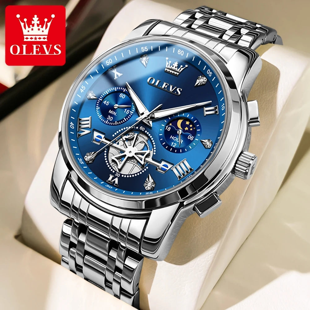 OLEVS 2856 Quartz Watch for Men Flywheel Skeleton Chronograph Moon Phase