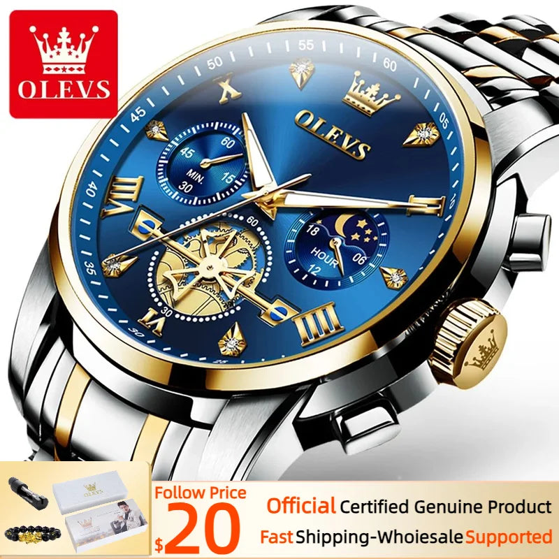 OLEVS 2856 Quartz Watch for Men Flywheel Skeleton Chronograph Moon Phase