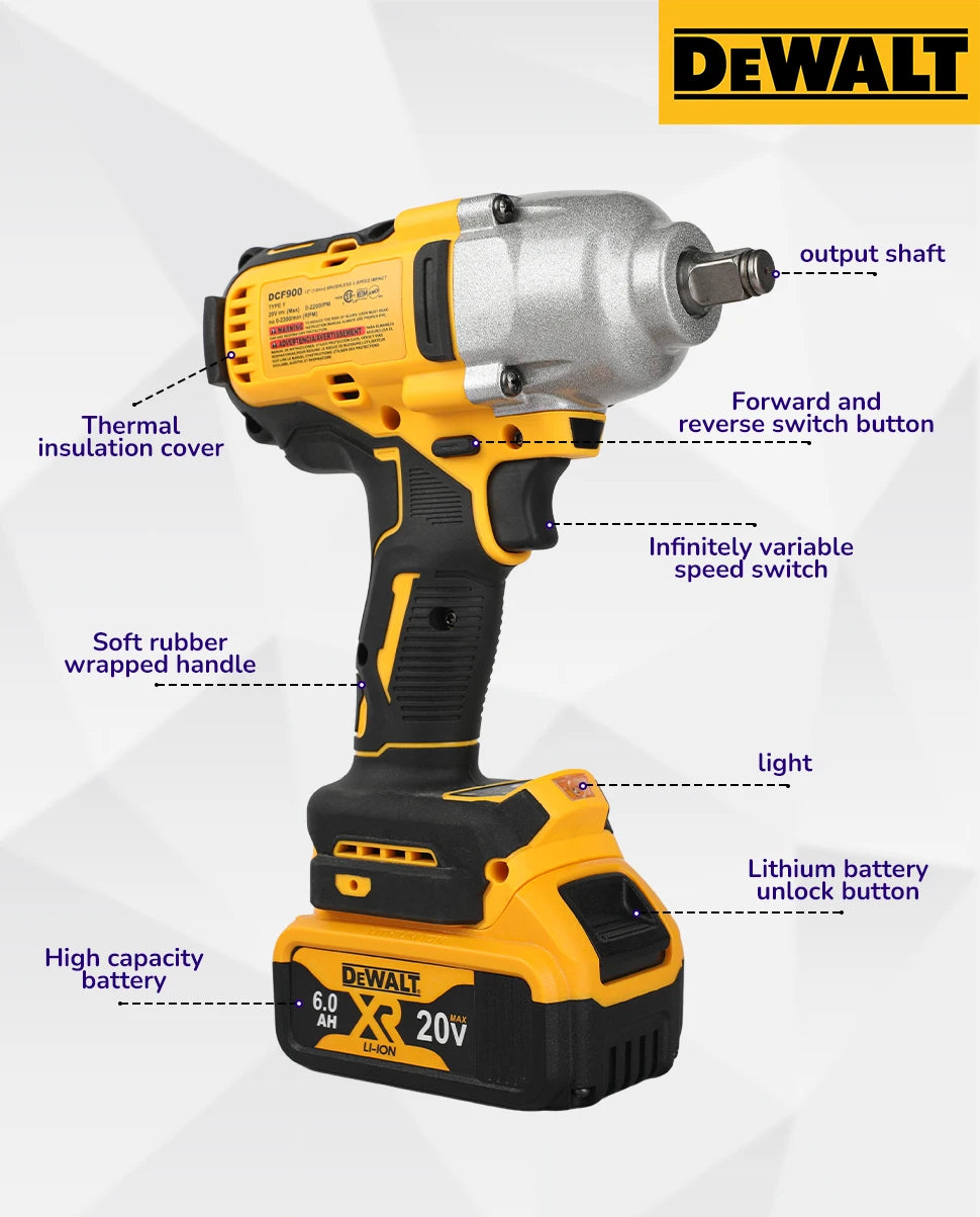 DeWalt DCF900 High Torque Brushless 20V Electric Impact Wrench Powered Electric Durable for Professiona Naked Tool