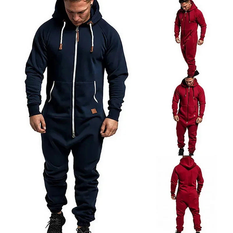 Mens Onesie Jumpsuit Pajamas Long Sleeve Sweatpants Pure Color Splicing Autumn Winter Casual Hoodie Male Zipper Jumpsuit