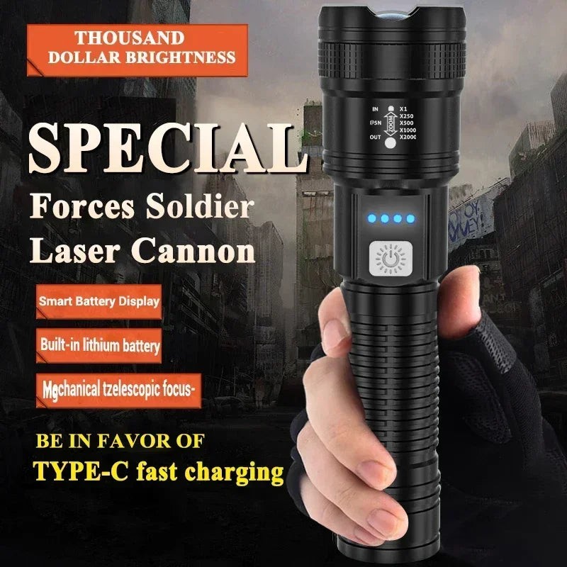 Super Powerful LED Flashlight Battery Display USB Rechargeable Light Telescopic Zoom Torch Lamp Outdoor Camping Fishing Lantern