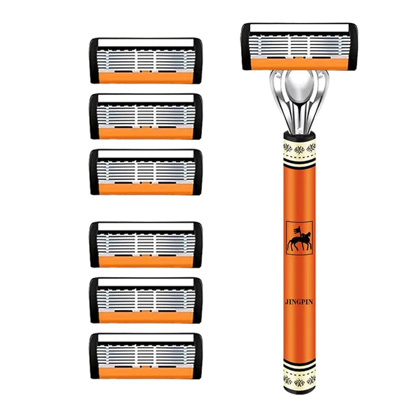6-Layers Safety Razor Set High Quality Men Razor Sharp Stainless Steel Shaving Changeable Shaver Head Blade ﻿