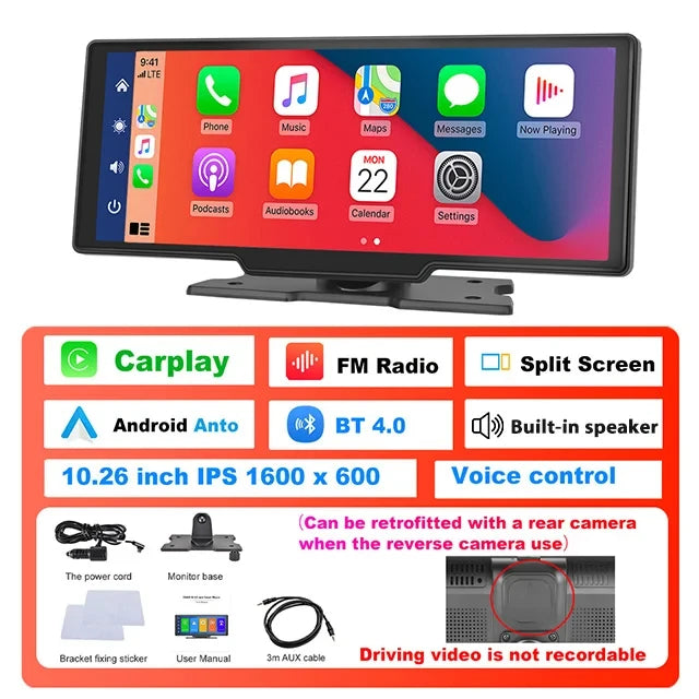 Podofo 10.26" Dash Cam 4K Rearview Camera Wireless Carplay Android Auto GPS with Voice Control Dashboard DVR Car Monitor