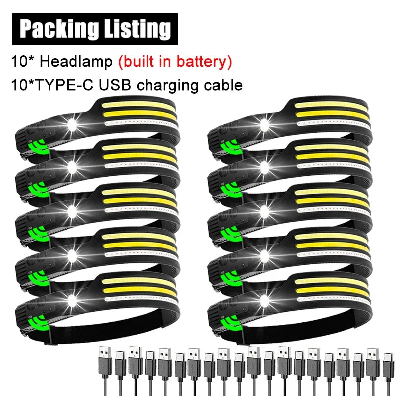 Induction Headlamp COB LED Sensor Head Lamp Built-in Battery Flashlight USB Rechargeable Head Torch 10 Lighting Modes Headlight