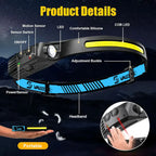 Induction Headlamp COB+LED Head Flashlight Built in Battery USB Rechargeable Outdoor Waterproof Camping Fishing Work Lantern ﻿
