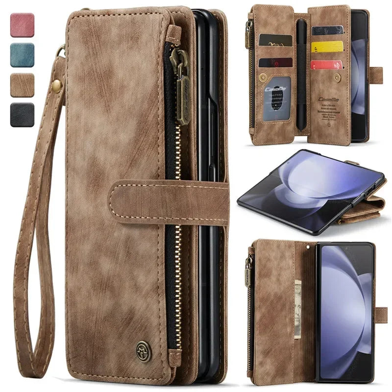 Luxury Lanyard Leather Zipper Wallet Card Phone Case For Samsung Galaxy Z Fold 7 6 5 4 Fold6 Fold5 Fold4 Purse Flip Stand Cover